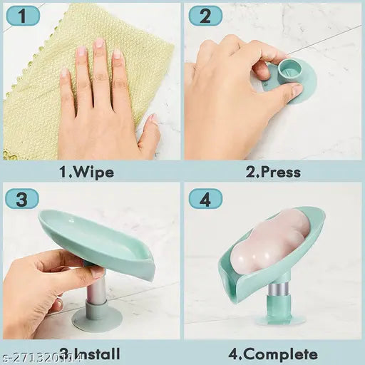 Dish Leaf-Shape Self Draining Soap Dish Holder, Not Punched Easy Clean Bar Soap Dish Holder With Suction Cup Soap